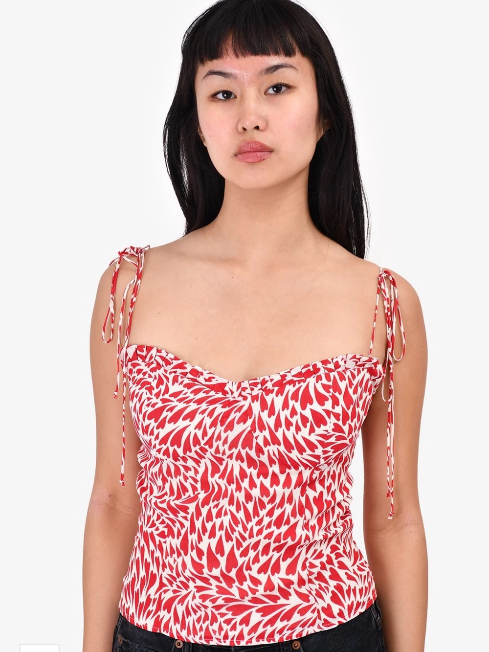 REFORMATION Red and White Heart-Print Tie-Strap Women's Top
